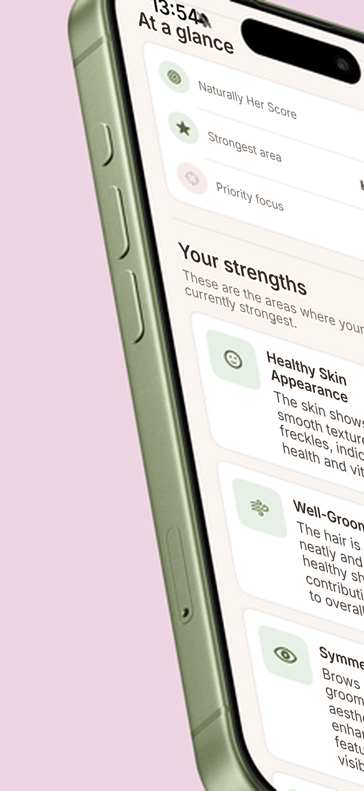 Naturally Her at-a-glance assessment with score, strongest areas and strengths
